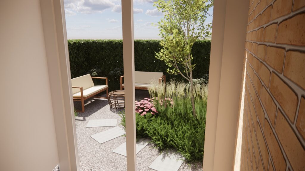 Voortuin met zithoekje, op het zuiden.